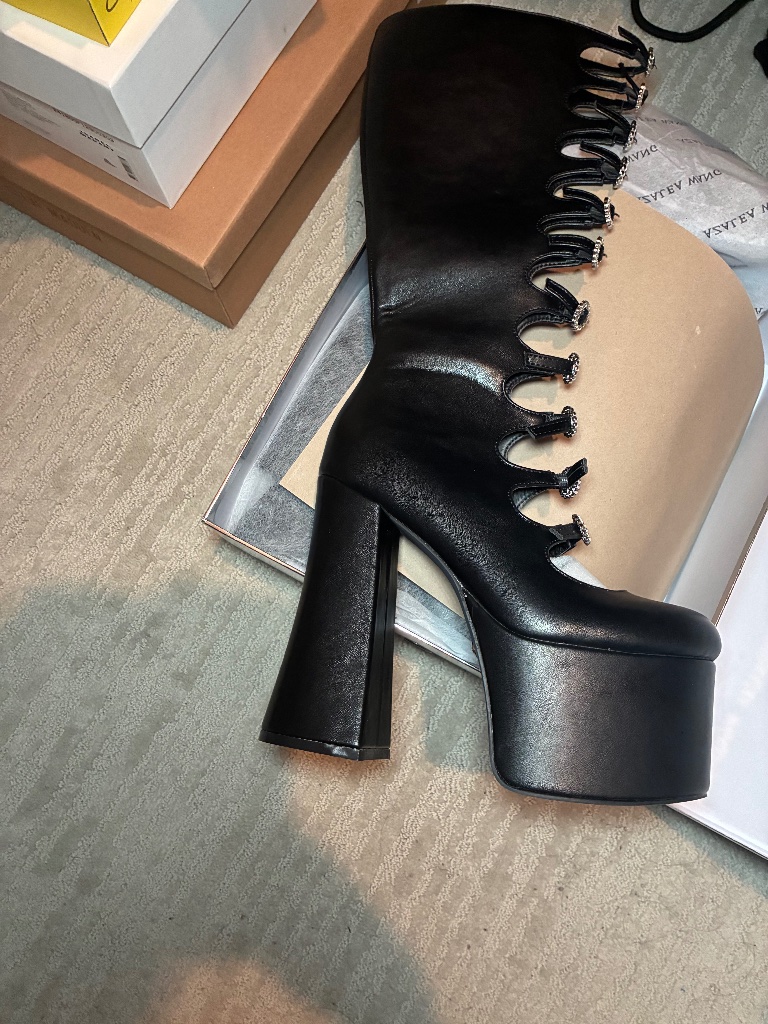 Azalea Wang Tomlin-Black Leather Platform Knee High Boots Round Toe Us 7.5